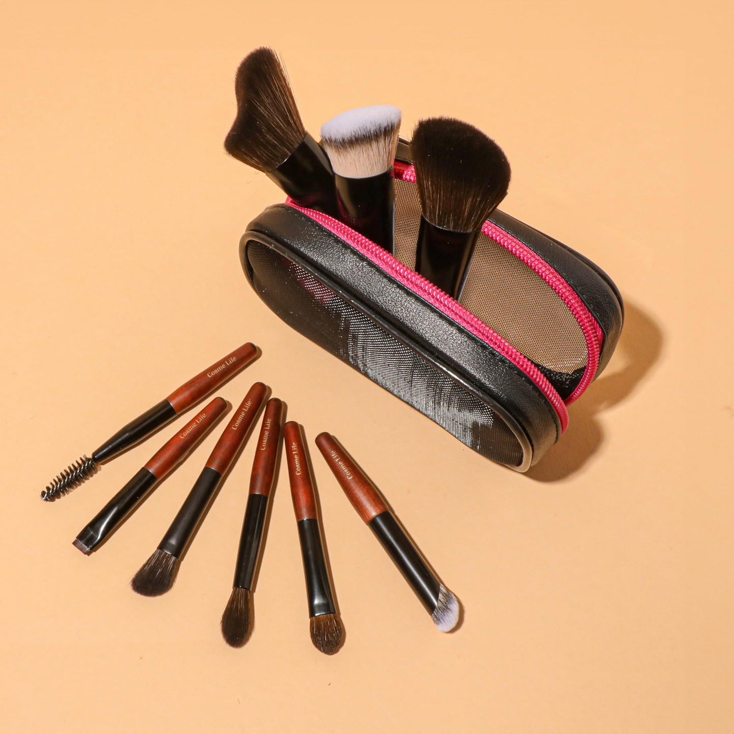 Cosme 9 FLAWLESS FACE MINI TRAVEL Makeup Brush Set: Foundation, Eyeshadow, Blush, Contour, Powder Mini Makeup Brush Set & Case. Synthetic & Natural Hair Makeup Brushes with Compact Short Handles