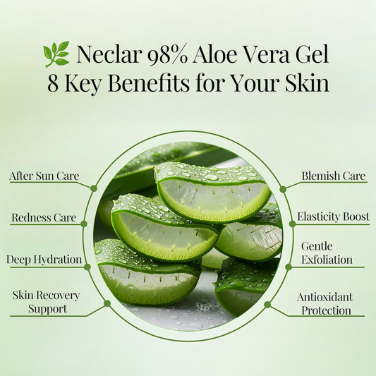 Neclar 98% Aloe Vera Gel for Sunburn Relief - 33.8oz / 1000ml - From 100% Pure Aloe Vera - For Face, Skin and Hair - After Sun Care lotion - Sun Burn Moisturizer Cream (33.8 Fl oz)