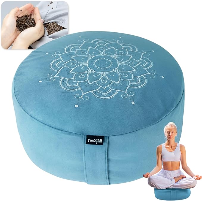 Yes4All Foam Zafu Buckwheat, Mandala Pattern Yoga Bolster Pillows, Floor Meditation Cushion, A. Sky Blue-Upgraded