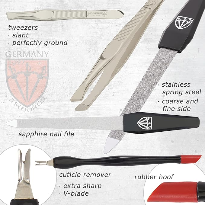 3 Swords Germany – brand quality 8 piece manicure pedicure grooming kit set for professional nail care with synthetic leather case black - Made in Germany