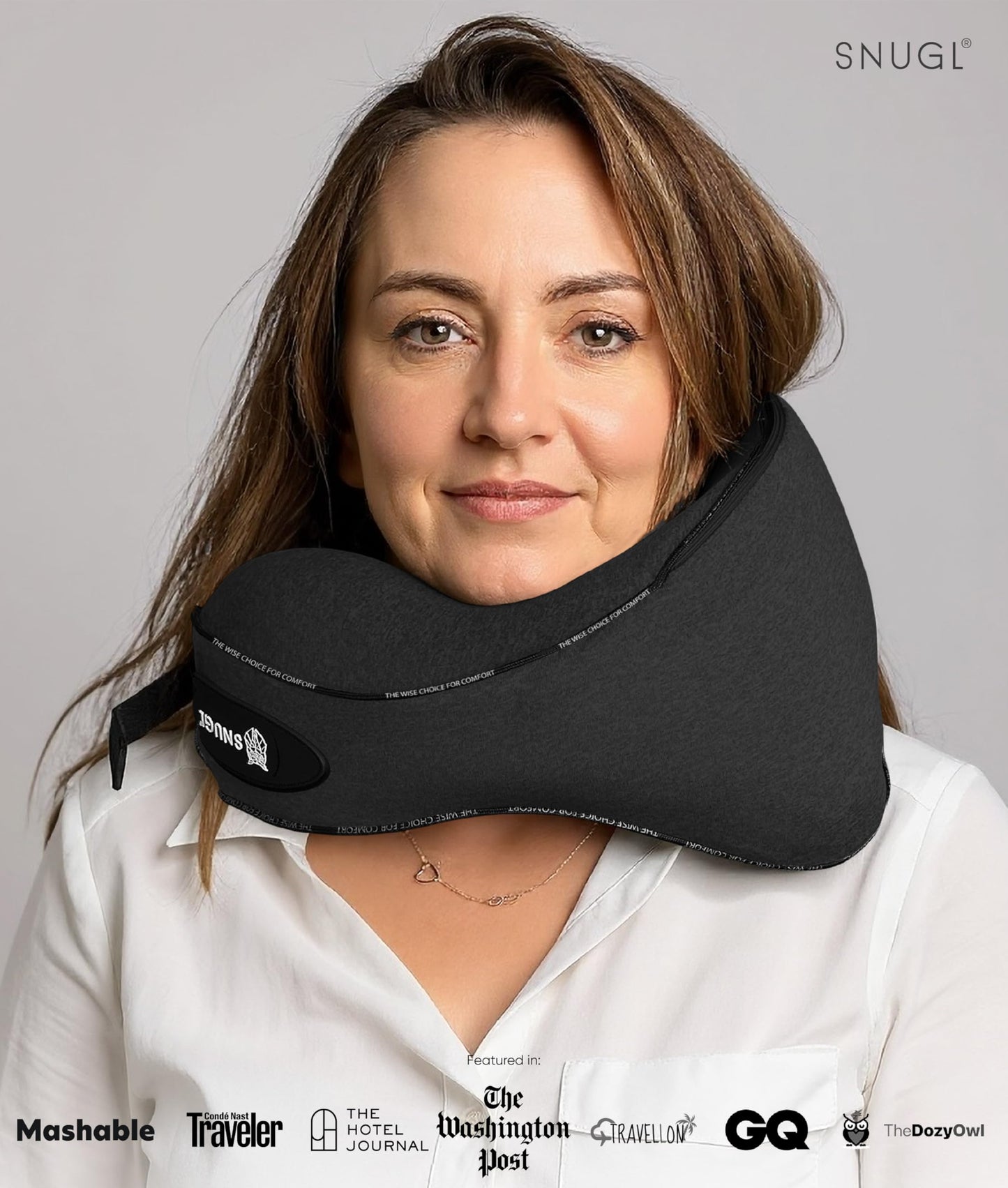 SNUGL Travel Pillow – Memory Foam Pillows - Airplane Neck Pillow with Carry Bag & Clip – Neck Support Travel Pillows - Airplane Essentials (Adult Regular - Black)