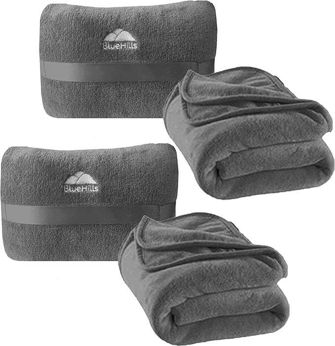 BlueHills Premium 2 Pack Travel Blanket Pillow in Mini Soft Case Plush Airplane Blanket in Bag Compact Luggage Belt Plane Pillows Gifts Long Flight Blankets Essentials Gray M21