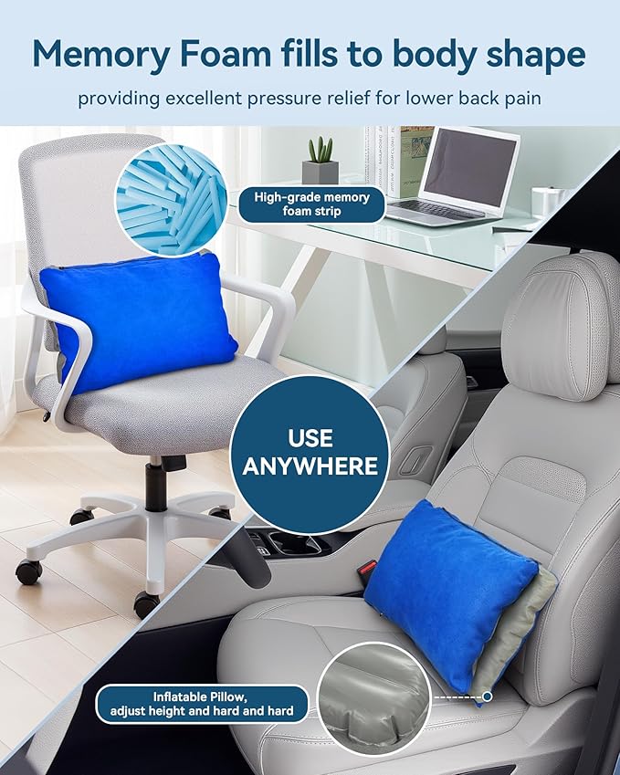 JefDiee Lumbar Support Pillow with Memory Foam and Washable Cover Travel Lumbar Pillow for Car, Office Chair Back Support Office Chair Back Support for Reducing Lower Back Pain(Azure, Standard)