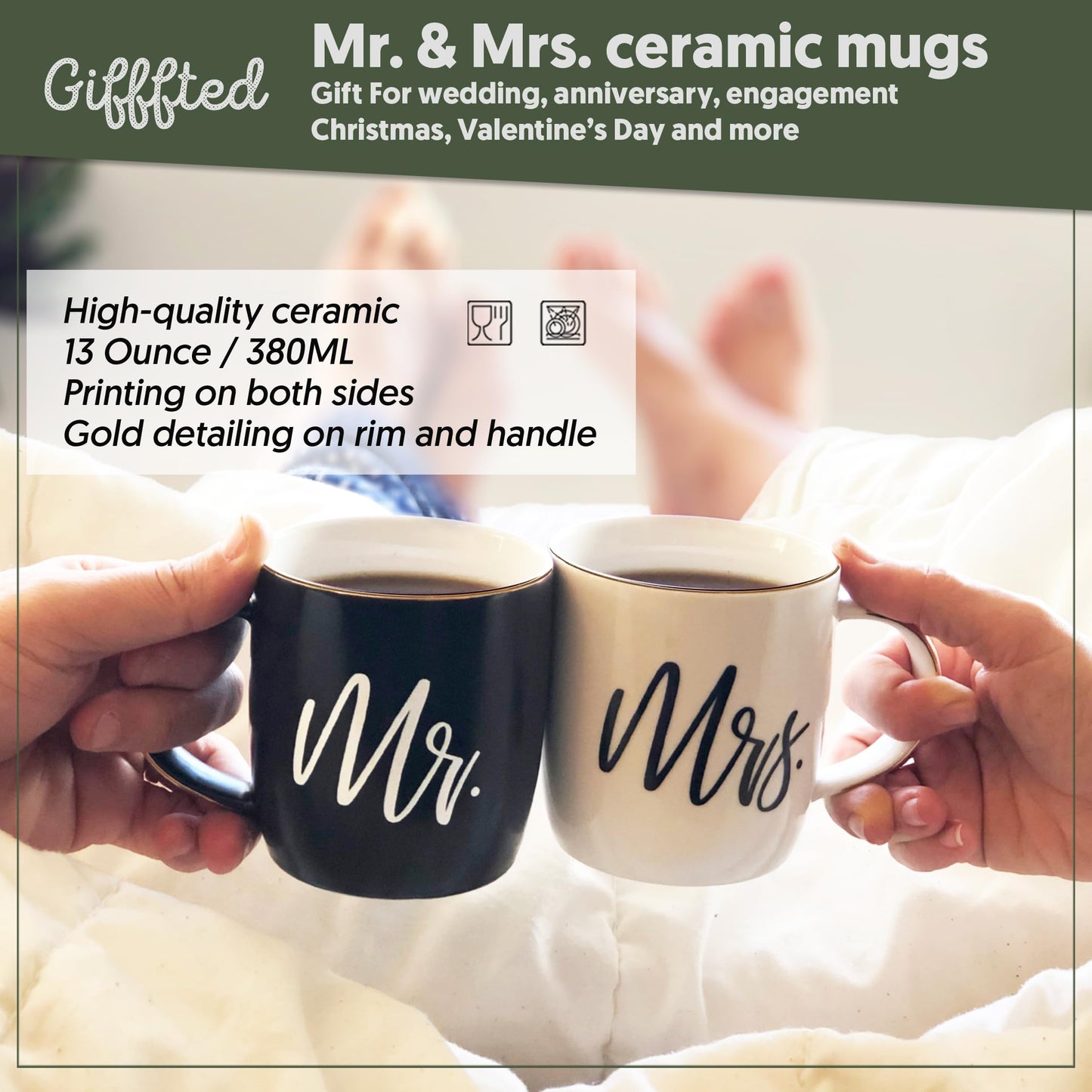 Triple Gifffted Mr and Mrs Coffee Mugs Couples Gifts Ideas for Christmas Wedding Anniversary Engagement Valentines,his Hers Present Husband Wife Him Her Men Women Bride Groom Newlyweds, Ceramic 380ml