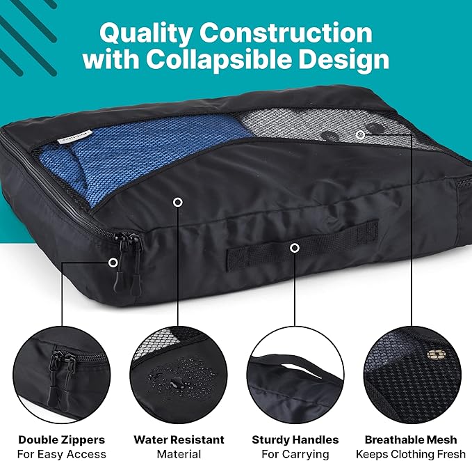 5 Piece Packing Cubes for Travel in Sizes (X-Large, Large, Medium, Small) by Pebbler | Organizers for Suitcases, Carry Ons, Duffle Bags, Backpacks, Moving | Bonus Laundry Bag