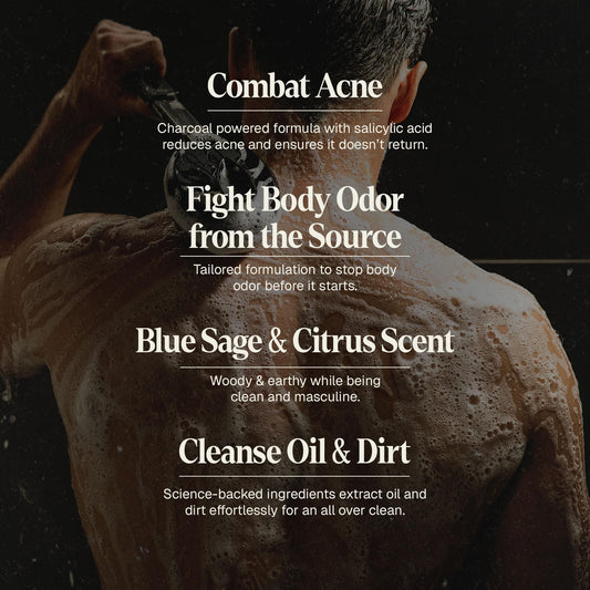 Black Wolf Body Wash & Sonic Scrubber Pro Kit for Men - Vibrating Face & Body Brush with Charcoal Powder Shower Gel, Water Resistant Massage Brush & Salicylic Acid Body Wash, Rich Lather & Deep Clean