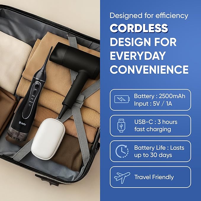 JETLY Water Dental Flosser Teeth Pick Cleaner: Travel Cordless Oral Irrigator 300ML Capacity Portable Rechargeable IPX7 Waterproof Electric Flossing Machine for Teeth Cleaning (Black)