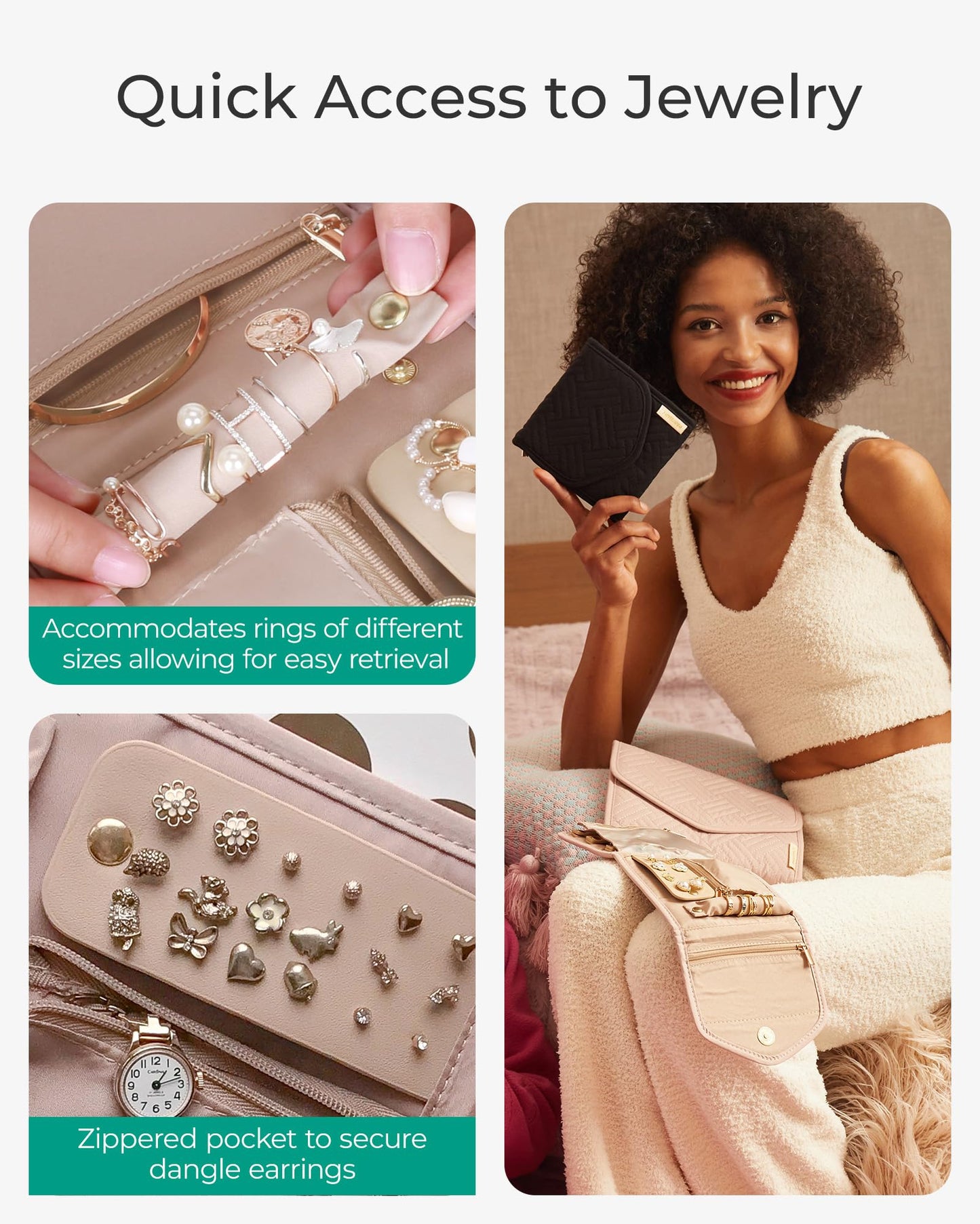 BAGSMART Travel Jewelry Organizer Case Foldable Jewelry Roll for Journey Rings, Necklaces, Earrings, Bracelets,Mini,Soft Pink