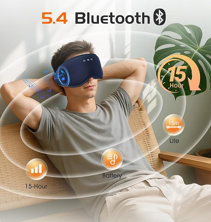 Bluetooth Sleep Mask with 2 Removable 3D Contoured Cup, Bamboo Cotton Sleeping Headphones for Side Sleepers with Timming Setting, Blackout Eye Mask for Sleeping Travel Meditation Men Women
