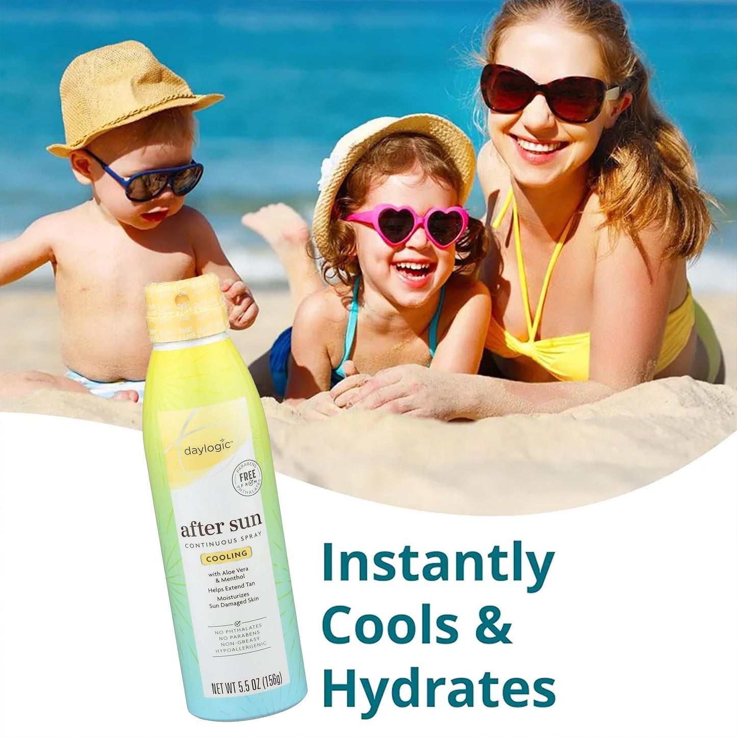 ZompoZ After Sun Spray with Aloe Vera and Menthol, 5.5 oz, Pack of 3, Cooling Mist for Sunburn Relief, Tan Extender and Skin Hydration, Continuous Spray, Non-Greasy, Hypoallergenic