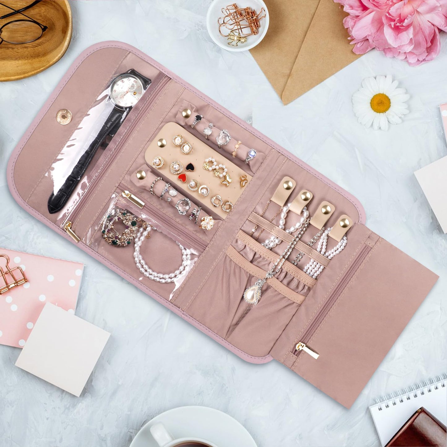 TBTOTRA Travel Jewelry Organizer Box, Foldable Travel Case for Earrings, Necklaces, Rings, Bracelets, Pink