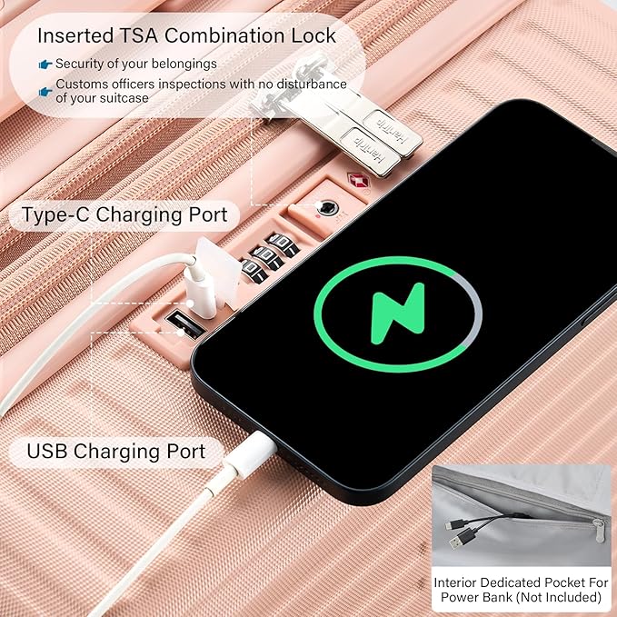 24 Inch Check in Luggage with Spinner Wheels, Hard Shell Suitcases Travel Expandable Luggage with Cup Holder Charger Built in, Checked Medium Suitcase Lightweight Suitcases, Pink