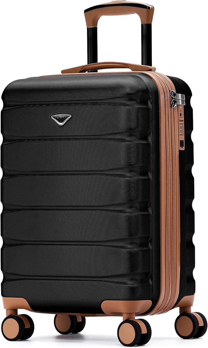 Carry On Suitcase Hardside TSA Lock & USB Port Silent Double Spinner Wheels Maximum Carry-On Bag For Canada Air Approved Airlines( 21.5x15.5x9" ,Black/Tan )