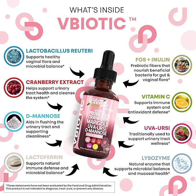 Clean Nutraceuticals VBiotic Vaginal Probiotic for Women Liquid Drops | Cranberry Uva Ursi Horsetail D-Mannose Prebiotics Marigold & Black Cohosh Vaginal Health Supplement | pH Balance