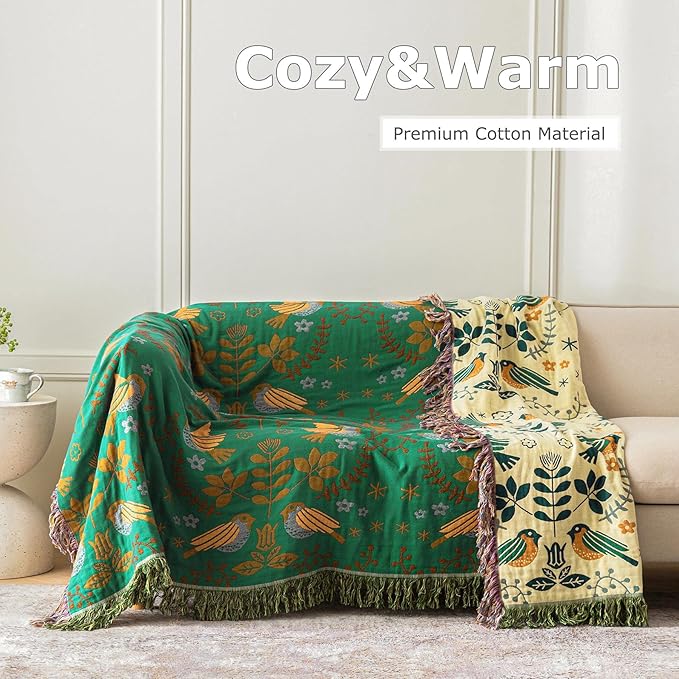 Boho Throw Blanket for Bed - 100% Cotton Ultra Soft Rustic Quilt Fall Blanket - Bird Floral Printed Farmhouse Decor Bed Blankets,60"×80" All Season Rustic Throw for Sofa Couch Chair