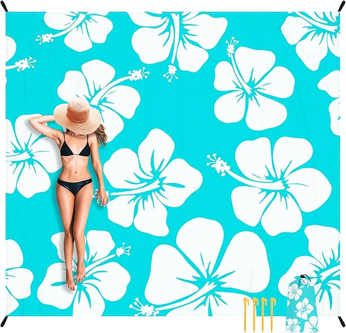 Beach Blanket Waterproof Sandproof, 9 Ft X 10 Ft Extra Large Sand Free Beach Mat, Big Compact Lightweight Quick Drying Picnic Blanket with 4 Stakes & Pockets for Camping, Travel, Hiking