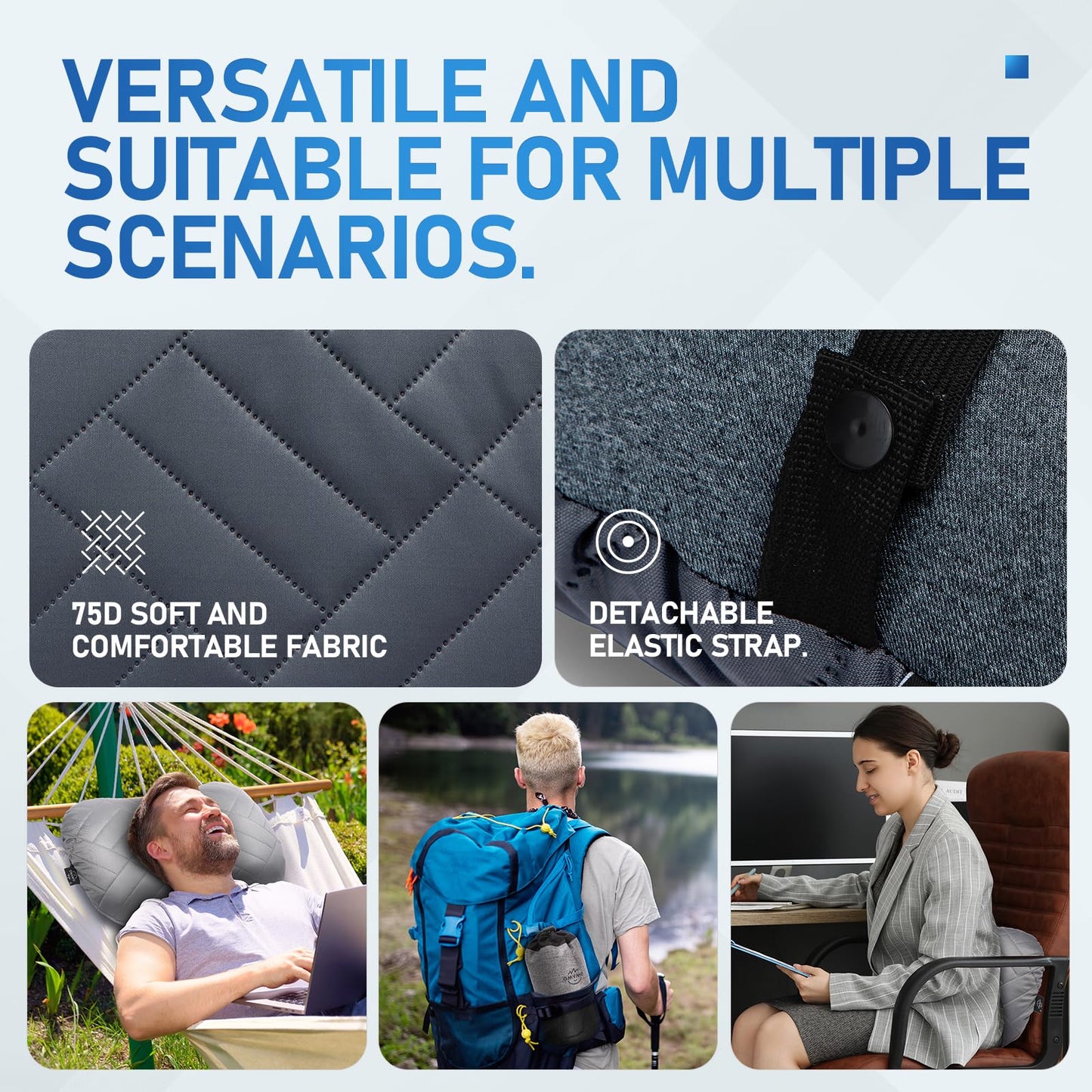 OMVMO Camping Pillow with Washable Removable Cover -Ultralight Inflatable Pillow for Neck Lumbar Support with Silicone Silent Earplugs and 3D Sleep Eye Mask-Travel Air Pillows for Hiking,Backpacking