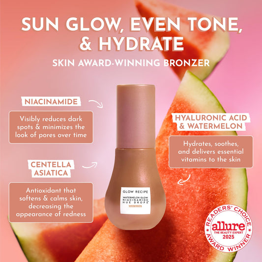 Glow Recipe Illuminating and Bronzing Hue Drops - Makeup Skincare Hybrid Duo - Sun Glow Mini (15 ml) + Full Size Rosy Glow (40 ml) - Tinted Face Serums for Hydrated All‑Over Dewy Glow