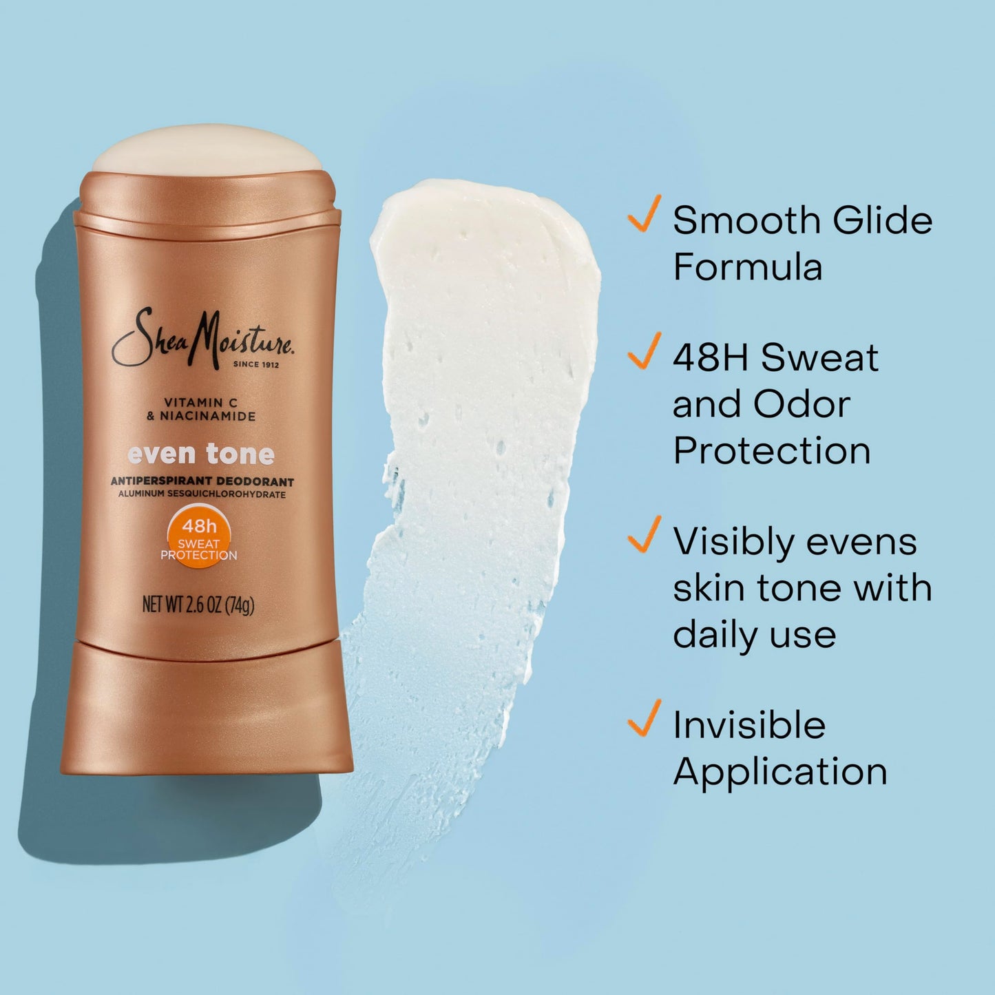 SheaMoisture Antiperspirant Deodorant Stick Even Tone Vitamin C & Niacinamide 2 Count for 48HR Sweat & Odor Protection with No Parabens & No Mineral Oil 2.6 oz