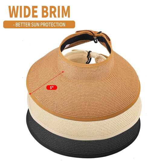 MEINICY 3PCS Foldable Straw Sun Visor Hats for Women, Wide Brim Ponytail Summer Beach Hat, Protect Your Skin Easily, Nature & Black & Beige