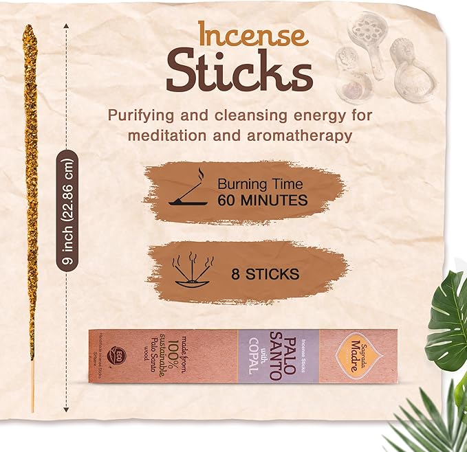 8pcs Wildly Harvested Thick Palo Santo Incense Sticks (Copal), 9” Long - Eco Friendly, Non-Toxic, Aromatic Incense Sticks (1hr Burning Time) to Heal & Calm Your Body and Environment