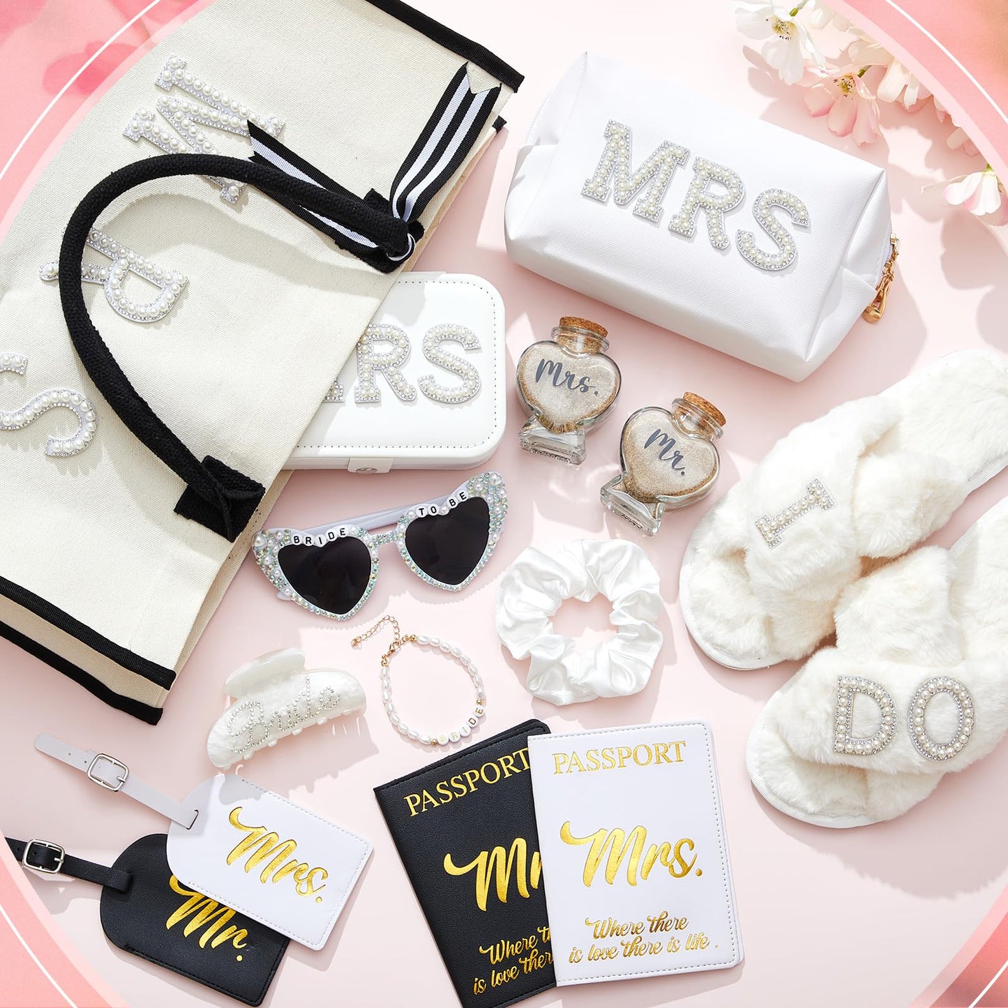 Dansydaisy 14 Pcs Bridal Shower Gifts Set Including Mrs Mr Travel Passport Tag Tote Cosmetic Bag Jewelry Box Claw Hair Clip Hair Tie Heart Sunglasses for Honeymoon Wedding Supplies(Women 7-8)