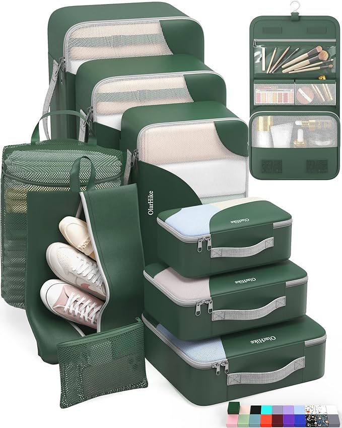 ALL INCLUDED 10 Set Durable Packing Cubes for Suitcases,OlarHike Essentials for Travel,UPGRADED Anti-Tear Stitching, NEW Improved Luggage Packing Organizers for Travel Accessories (Dark Green)