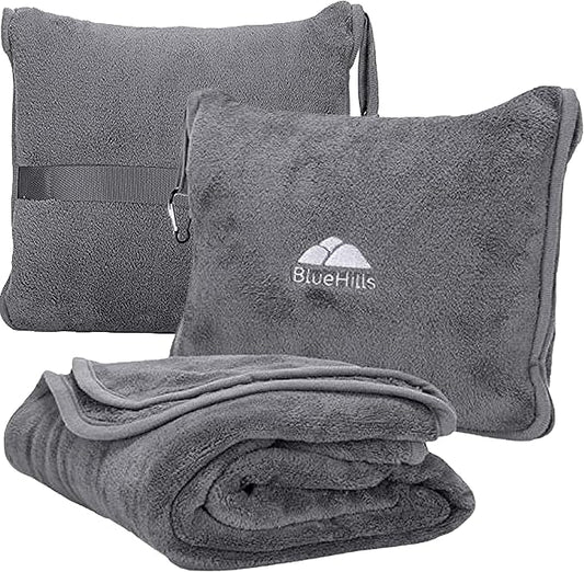 BlueHills Premium Soft Travel Blanket Pillow Airplane Flight Blanket Throw Bag Pillowcase Compact Large 2 in 1 Combo Warm Traveling Plane Essentials Portable Gifts Lightweight Grey Gray T007