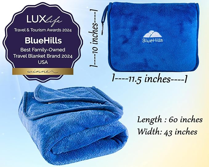 BlueHills Premium Soft Travel Blanket Pillow Airplane Blanket Packed in Soft Bag Pillowcase with Hand Luggage Belt and Backpack Clip, Compact Pack Large Plush for Any Travel (Royal Blue T003)