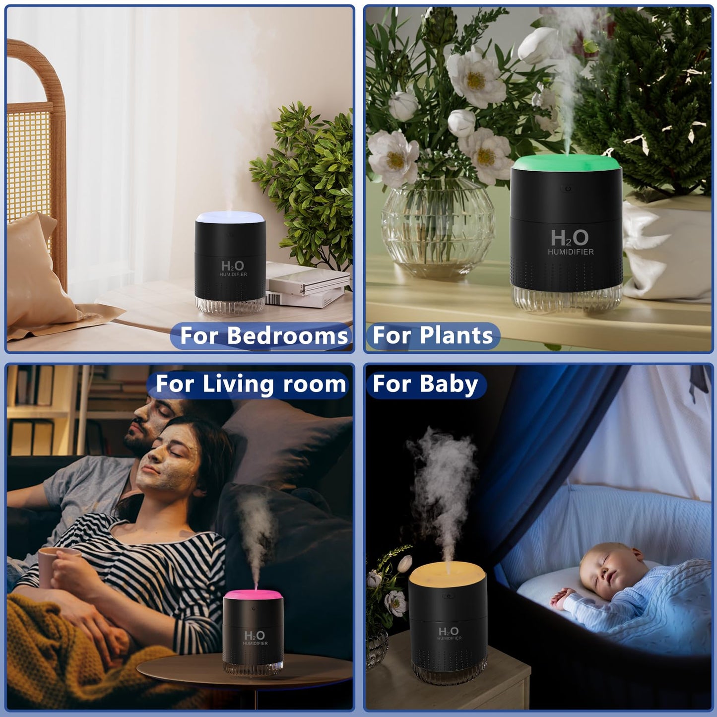 Colorful Mini Humidifier, USB Rechargeable Humidifier, small humidifier, 4 Modes Super Quiet, Humidifiers For Bedroom,Suitable For Travel Office Family Baby Bedroom-Black