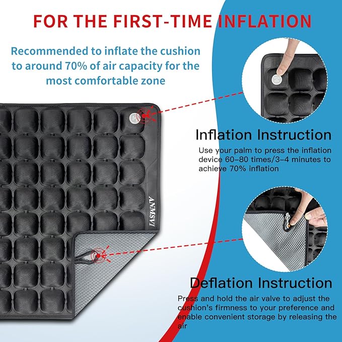 Air Inflatable Pressure Relief Seat Cushion for Wheelchair, Car, Office, Home Living, Adjustable Firmness for Coccyx, Sciatica Pain Relief, Tailbone Pain Relief, 18x17 inches with Grey Cover