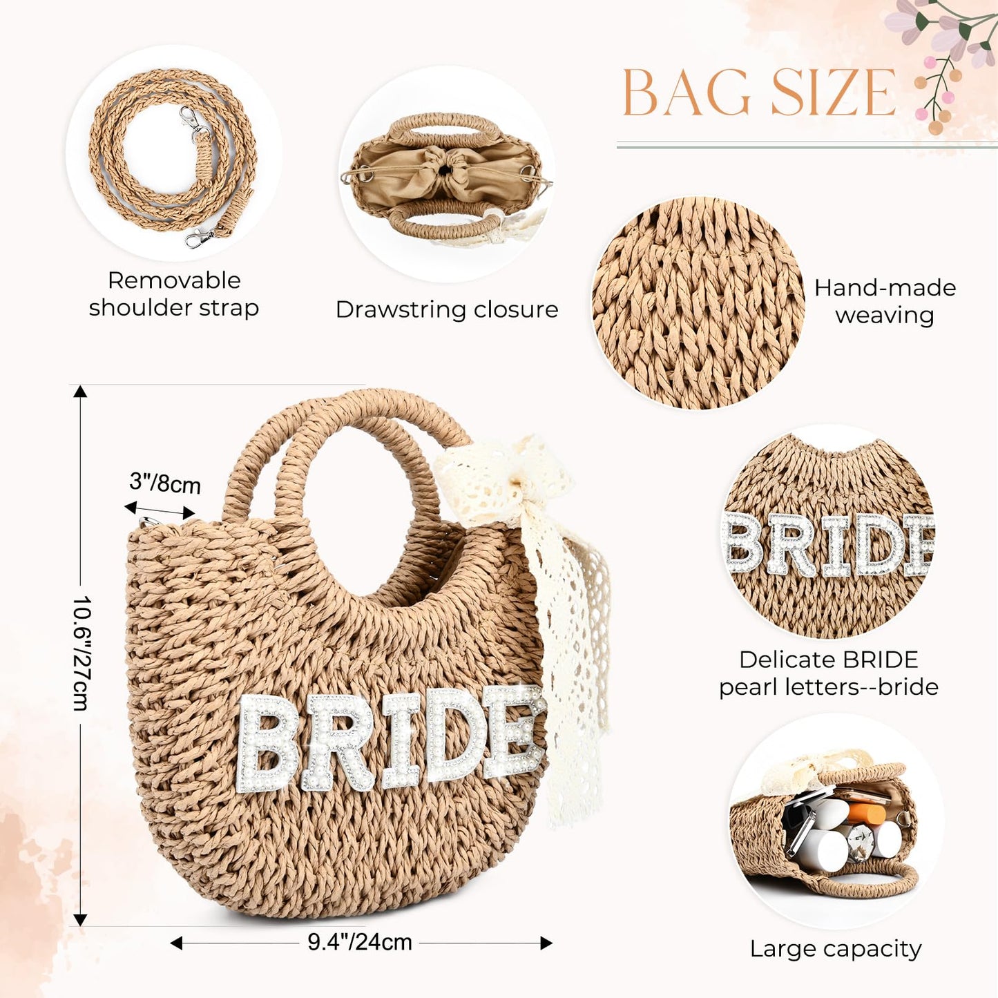 KUIRAN Bride Bag Bride Gift Set Straw Beach Bag Purse Handwoven Tote Bag with Rhinestone Letters Bachelorette Pary Gift Honeymoon Wedding Bridal Shower