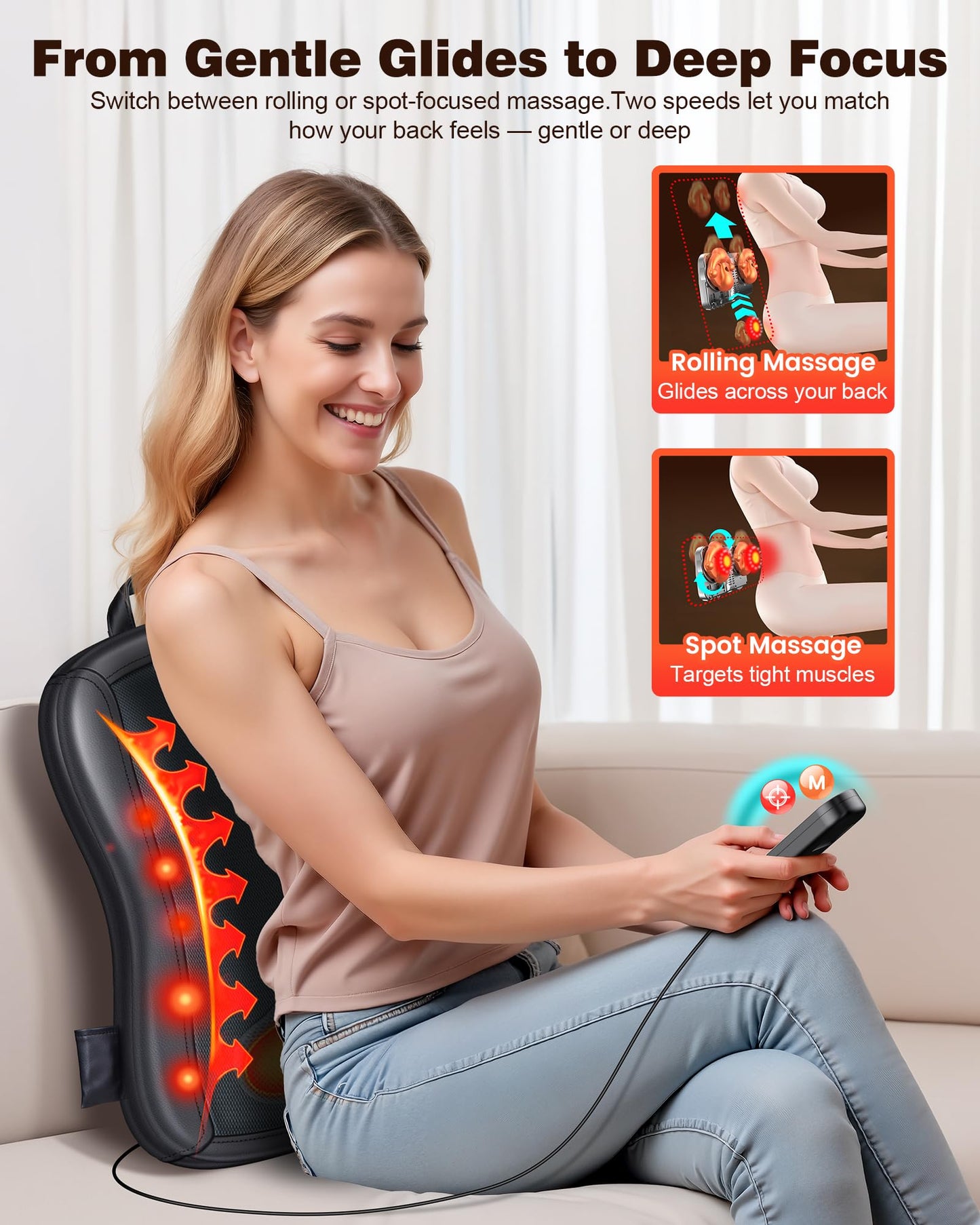 JZBRAIN Shiatsu Back Massager with Heat : Up and Down Rolling Massage - Electric Back Massager for Pain Relief Deep Tissue - Heated Lower Back Massager for Office, Home Use