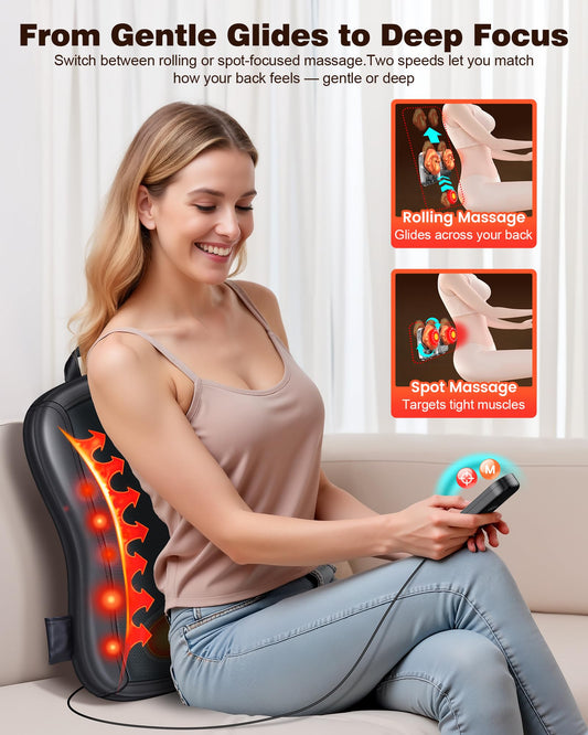 JZBRAIN Shiatsu Back Massager with Heat : Up and Down Rolling Massage - Electric Back Massager for Pain Relief Deep Tissue - Heated Lower Back Massager for Office, Home Use