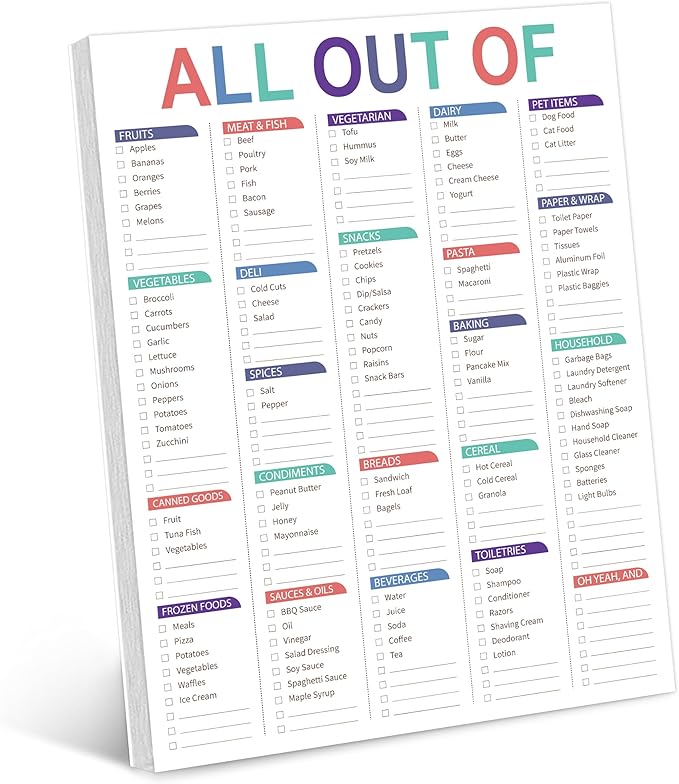 Kamoy All Out Of Grocery List Magnet Pad for Fridge, Shopping List Notepad for Fridge Magnets with Frutis/Vegetables/Canned Goods/Frozen Foods… Grocery List Notepad for Fridge B5(6.5"*8.5")
