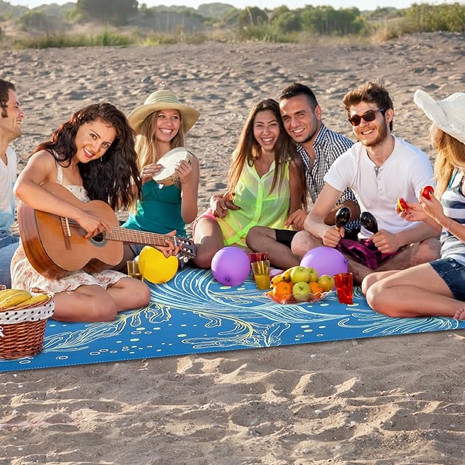 Beach Blanket Waterproof Sandproof, Extra Large Beach Mat, Oversized Picnic Blankets 71 * 87inches, Quick Drying, Lightweight Beach Mat for Camping, Traval, Festivals