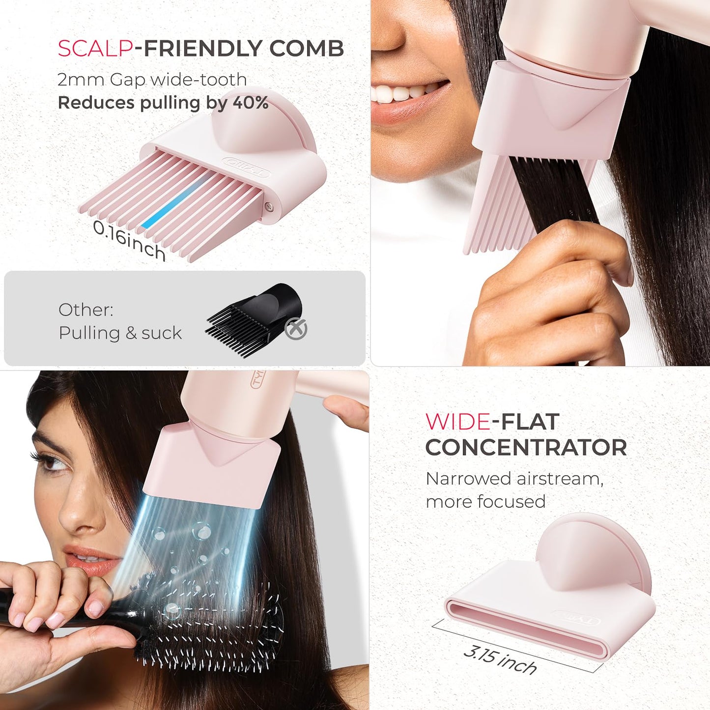Blow Dryer with Comb, TYMO AIRHYPE Compact 200 Million lonic Hair Dryer with Diffuser, Fast Dry Pink Blow Dryer for Women 110,000RPM Portable Hairdryer for Curly Hair, 4 Temps & 2 Speeds