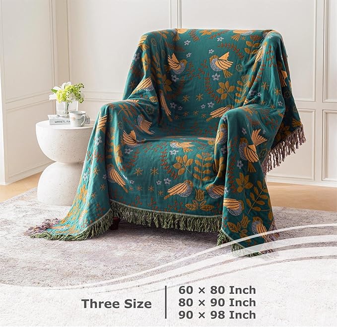 Boho Throw Blanket for Bed 100% Cotton Ultra Soft Rustic Quilt Queen Blanket Bird Floral Printed Farmhouse Decor Large Fall Bed Blankets,90"×98" All Season Rustic Throw for Sofa Couch Chair