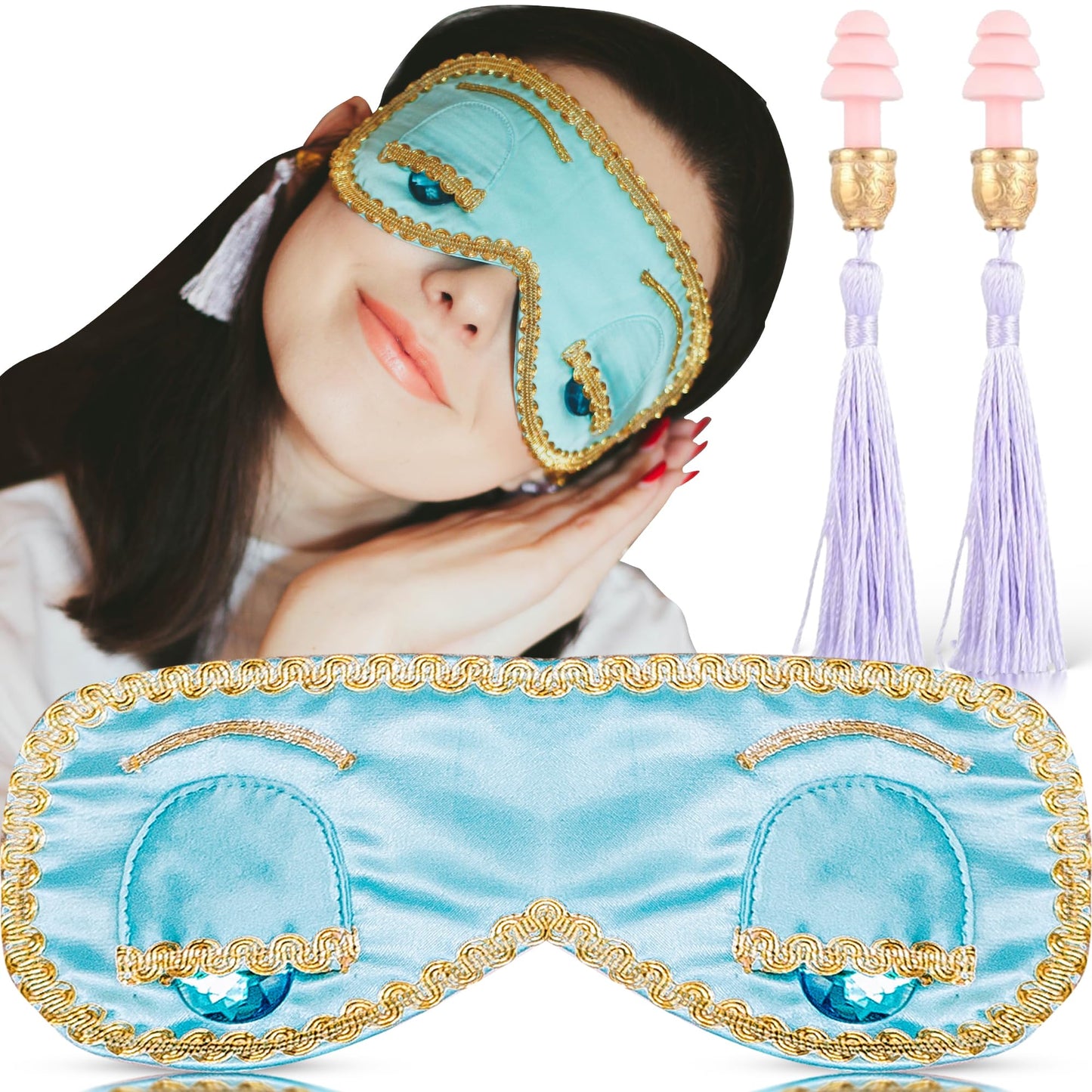 Utopiat Audrey Hepburn Style Silk Sleep Mask & Ear Plugs with Tassel Set for Women | Cute Eye Mask Earplugs Sleeping Beauty Set Costume Accessory