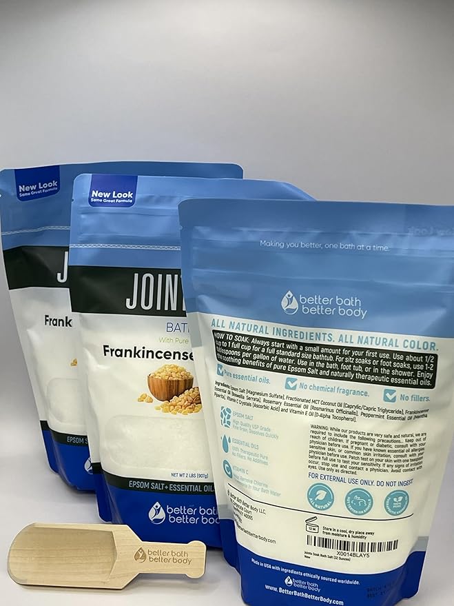 Joints Bath Soak (3 Pack with Scoop) Soothing Epsom Salt with Rosemary and Frankincense Essential Oils Plus Vitamin Crystals in BPA Free Pouch Three 2 lbs Pouches 6 Lbs Total
