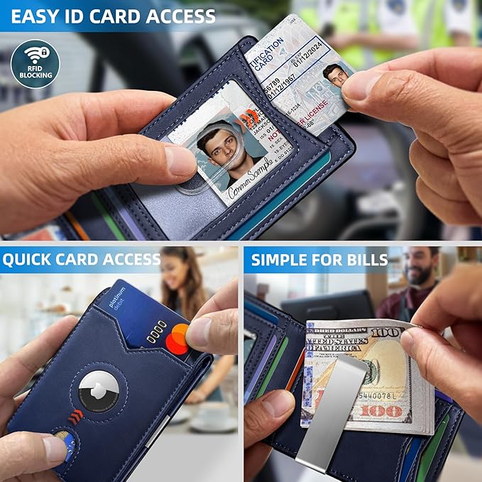Airtag Wallet for Men,with Money Clip 11 Cards Slim Front Pocket Leather RFID Blocking Wallet with Gift Box