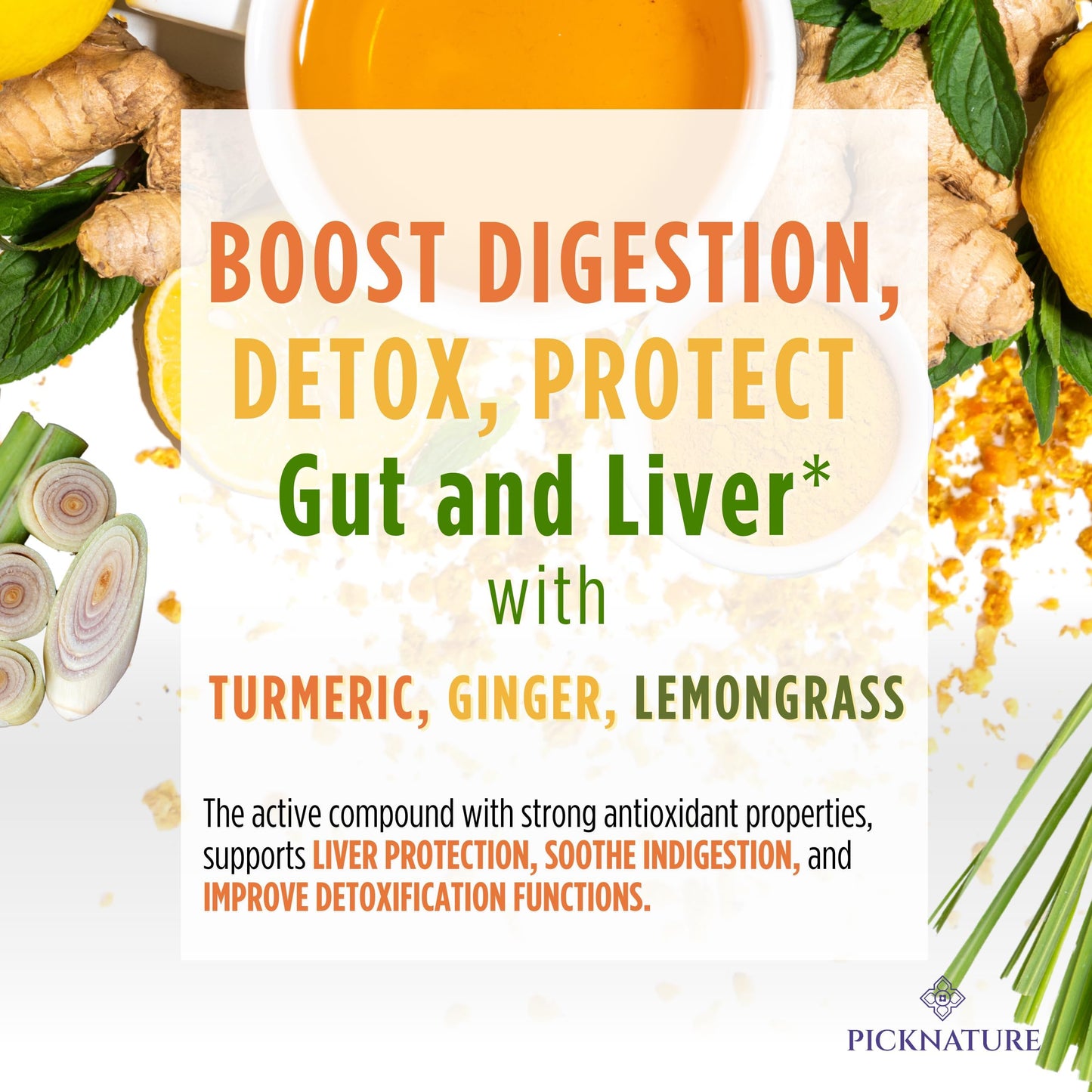 PICKNATURE USDA Organic Happy Tummy Tea - Digestive tea with Lemongrass, Turmeric, Ginger tea Freshly Picked from Thailand| 30 tea bags (100+ Cups) | Herbal Tea Gifts