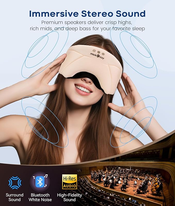 MUSICOZY Sleep Headphones, Bluetooth 5.4 Sleep Mask, Washable Zipper Eye Mask with HD Stereo Speakers, Cooling Ice Silk Fabric, 14H Playtime Wireless Headband Headphones for Side Sleepers