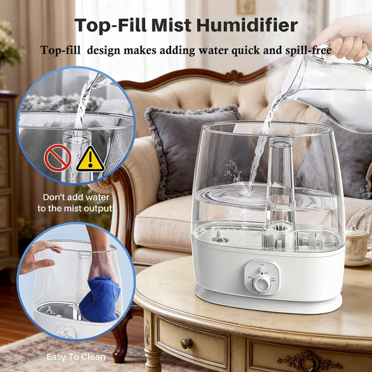 Humidifier for Large Room Bedroom Home, 6L Top Fill Ultrasonic Cool Mist Humidifier 3 in 1, 50H Quiet, Essential Oil Diffuser, Auto Shut-Off, Adjustable Mist Night Light for Baby Nursery, Plants