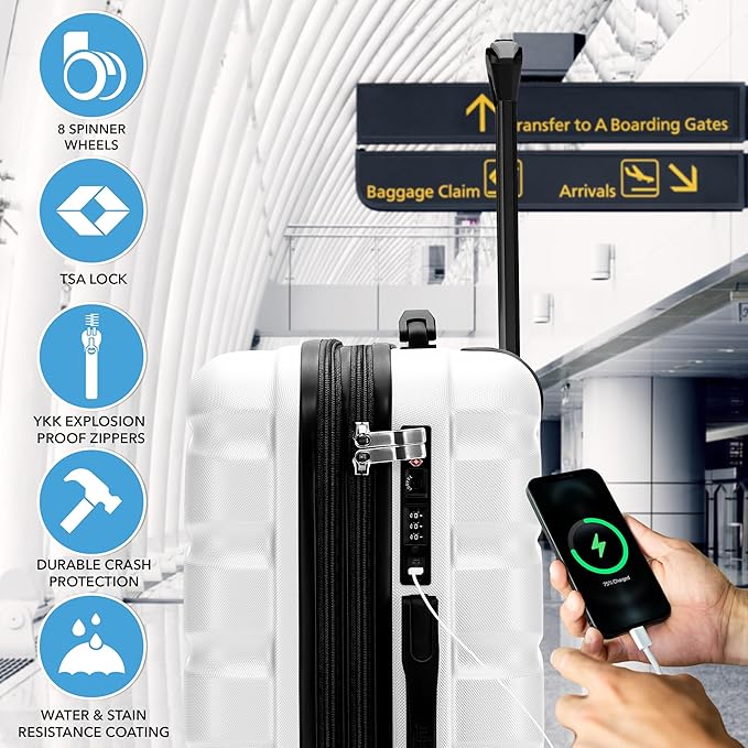 Carry On Suitcase Hardside TSA Lock & USB Port Silent Double Spinner Wheels Maximum Overhead Carry-On Bag Approved For Many Airlines( 22x18x10" ,White )