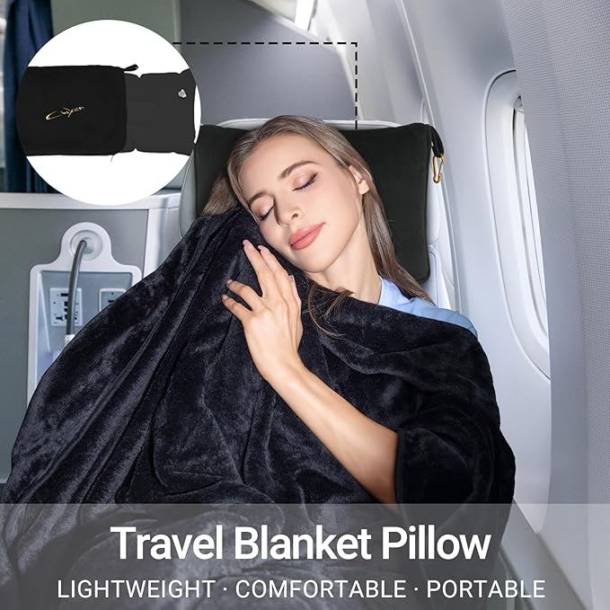 Travel Blanket & Pillow Set, 300 GSM Soft Fleece, 60x43 Inches, 3-in-1 Airplane Blanket, Travel Pillow and Blanket Set, Travel Blanket Airplane Compact with Bag, Travel Essentials, Black