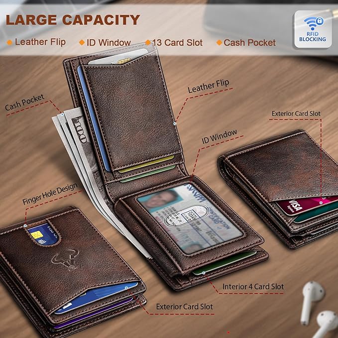 BULLIANT Men Wallet, Slim Leather Wallet Front Pocket Card Holder Gift For Men 11 Slots RFID Blocking