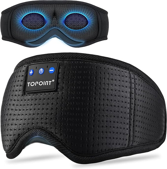 Sleep Mask with Bluetooth Headphones Wireless, TOPOINT 3D Eye Mask for Sleeping Headphones Women Men with Noise Canceling Earbuds, Thin Speaker, Blackout, 15 Hours for Travel, Meditation, CPAP Users