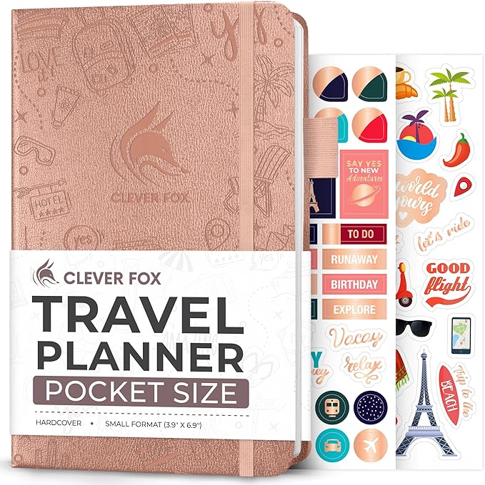 Clever Fox Travel Journal Pocket – Vacation & Road Trip Itinerary Planner Organizer & Traveling Memory Diary – Small Traveler Notebook (Rose Gold)