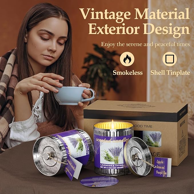 Lavender & Thyme Scented Candles Set | 2-Pack 454g 60H Burn Time,Smokeless Pure Soy Wax | Aromatherapy Tin Jar Candles for Stress Relief & Sleep Aid | Beautiful Gifts for Men and Women/Fathar's Day